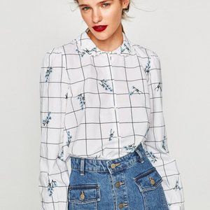 ZARA - Floral Embroidered Print Checked Button Down Shirt - Size S